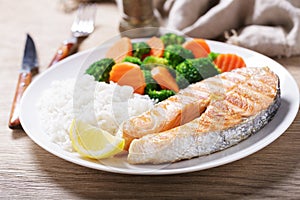 plate of grilled salmon, rice and vegetables