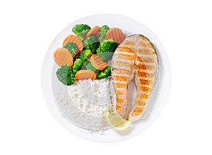 plate of grilled salmon, rice and vegetables isolated on white background