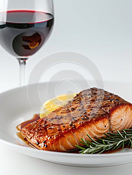 Plate of grilled steak of salmon with slice of lemon and glass of red wine.