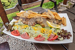 Plate of grilled trout with fries and salad in a restaurant in Kamienczyk village, Pola