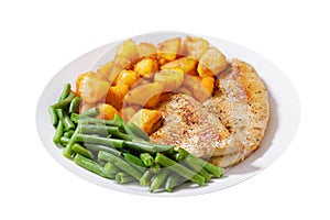 Plate of grilled turkey chops, baked potatoes and green beans on white background