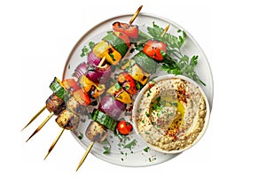 a plate of grilled vegetable skewers, quinoa and hummus, emphasizing the freshness and healthiness of a vegetarian diet