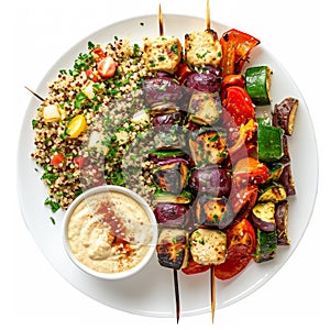 a plate of grilled vegetable skewers, quinoa and hummus, emphasizing the freshness and healthiness of a vegetarian diet