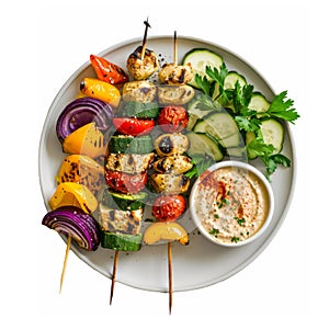 a plate of grilled vegetable skewers, quinoa and hummus, emphasizing the freshness and healthiness of a vegetarian diet