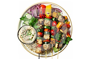 a plate of grilled vegetable skewers, quinoa and hummus, emphasizing the freshness and healthiness of a vegetarian diet