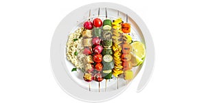 a plate of grilled vegetable skewers, quinoa and hummus, emphasizing the freshness and healthiness of a vegetarian diet