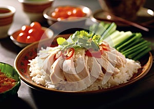 Plate with hainanese popular asian food with chicken and rice on table.Macro.AI Generative