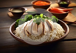 Plate with hainanese popular asian food with chicken and rice on table.Macro.AI Generative