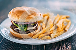 A plate of hamburger and fries