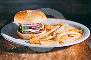 A plate of hamburger and fries