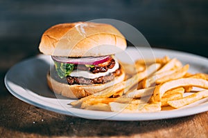 A plate of hamburger and fries