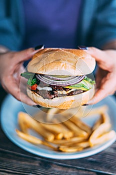 A plate of hamburger and fries