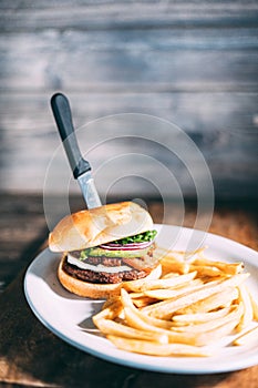 A plate of hamburger and fries