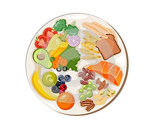 Plate of healthy food. Healthy plate. Vector illustration. Labeled educational food example scheme with vegetables, whole grains,