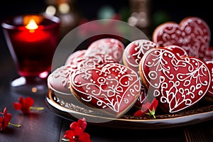 A plate of heart-shaped cookies decorated with red icing and white patterns. Homemade baking. Valentine's Day