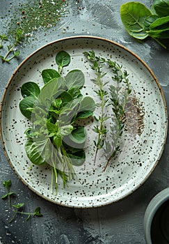 a plate of herbs with different leaves and leaves on it