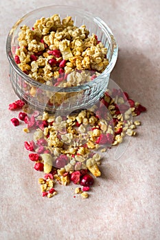 Plate of homemade muesli with cornflakes, freezedried cranberry, cashew, candied fruit, raisins.