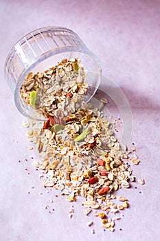 Plate of homemade muesli with cornflakes, Goji berries, chia seeds, freezedried apricot, sunflower seeds, cinnamon.