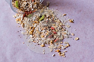 Plate of homemade muesli with cornflakes, Goji berries, chia seeds, freezedried apricot, sunflower seeds, cinnamon.