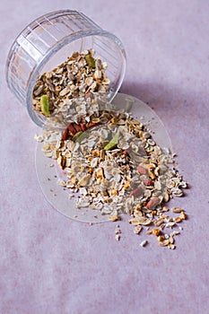 Plate of homemade muesli with cornflakes, Goji berries, chia seeds, freezedried apricot, sunflower seeds, cinnamon.