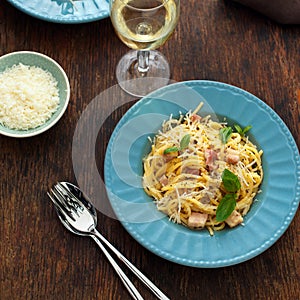 Plate homemade pasta carbonara white wine top view