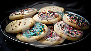 A plate of homemade sugar cookies decorated with icing an three generative AI