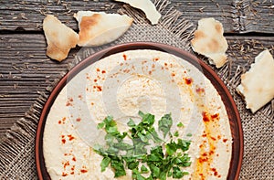 Plate of hummus, traditional lebanese food with