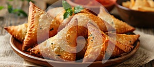 Plate of Indian Fried Snack Cocktail Samosas on Table