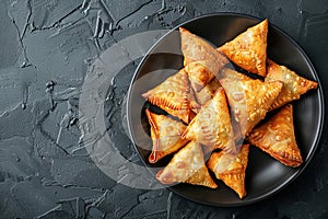 Plate with indian samosas on black stone background. Generative AI