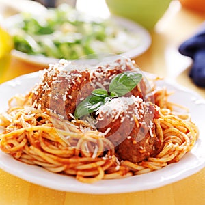 Plate of italian spaghetti and meatballs