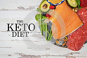 plate of keto foods meal concept backkground with the text the keto diet