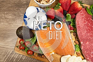 plate of keto foods meal concept backkground with the text the keto diet