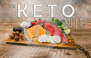 plate of keto foods meal concept backkground with the text the keto diet