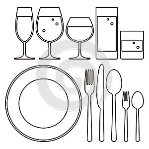 Plate, knife, fork, spoon and drinking glasses