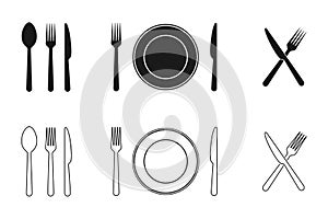 Plate, knife, fork and spoon icons set. Tableware flat and line icons collection. Vector