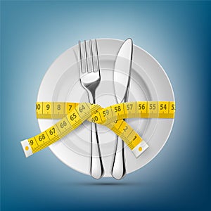 Plate with knife, fork and tailoring centimeter. Dieting and wei