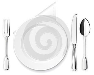 Plate, knife, spoon and fork