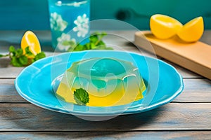 Plate of lemon jelly mint dessert. Generate Ai
