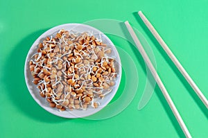 plate with lentil sprouts and chopsticks on a green table