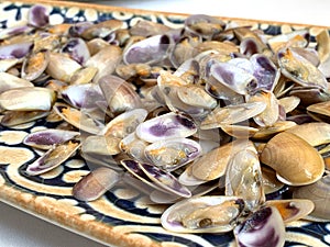 A plate of little clams with lemon, a typical spanish tapa