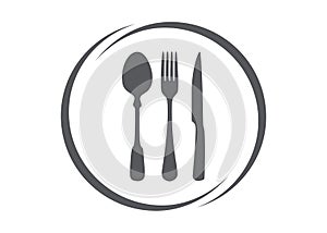 Plate logo with knife, spoon and fork on a white background