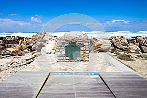 The plate marking the point of Cape Agulhas, the southernmost point of africa. The indian ocean is on the right, the Atlantic