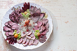 Plate of meat delicacies of wild boar, wild duck, elk, hare top view, close-up