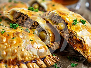 A plate of meat pies with cheese and herbs