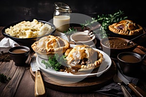 plate of meat pies, with sides of mashed potatoes and gravy