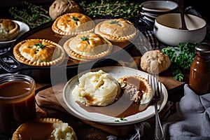 plate of meat pies, with sides of mashed potatoes and gravy