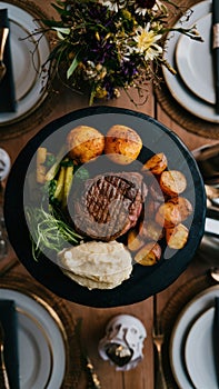 A plate of meat, potatoes and vegetables on a table, AI