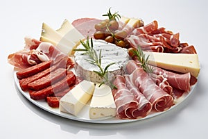 Plate of Meat Sausages, Antipasti, and Gourmet Cheeses. Exquisite Selection for Appetizers on white