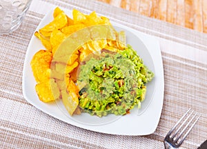 Plate of mexican chips with guacamole and glass beer closeup