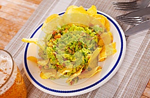 Plate of mexican chips with guacamole and glass beer closeup